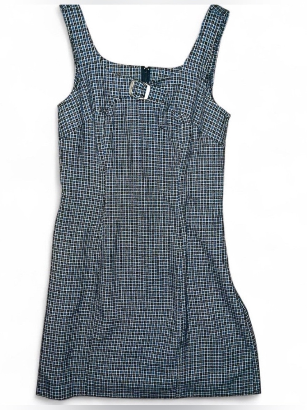 Women's Vintage Blue Black Plaid Square Neck Mini Dress Buckle Detail Sz 9